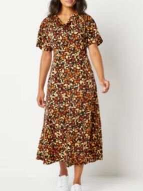 Warner Bros. Abbott Elementary Midi Dress cinnamon floral brown orange L NWT